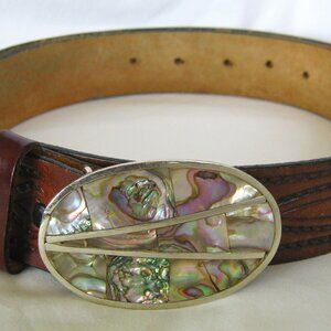 Womens Belt Vintage Inlaid Abalone Silver Buckle Brown Leather 1 3/8 in. wide